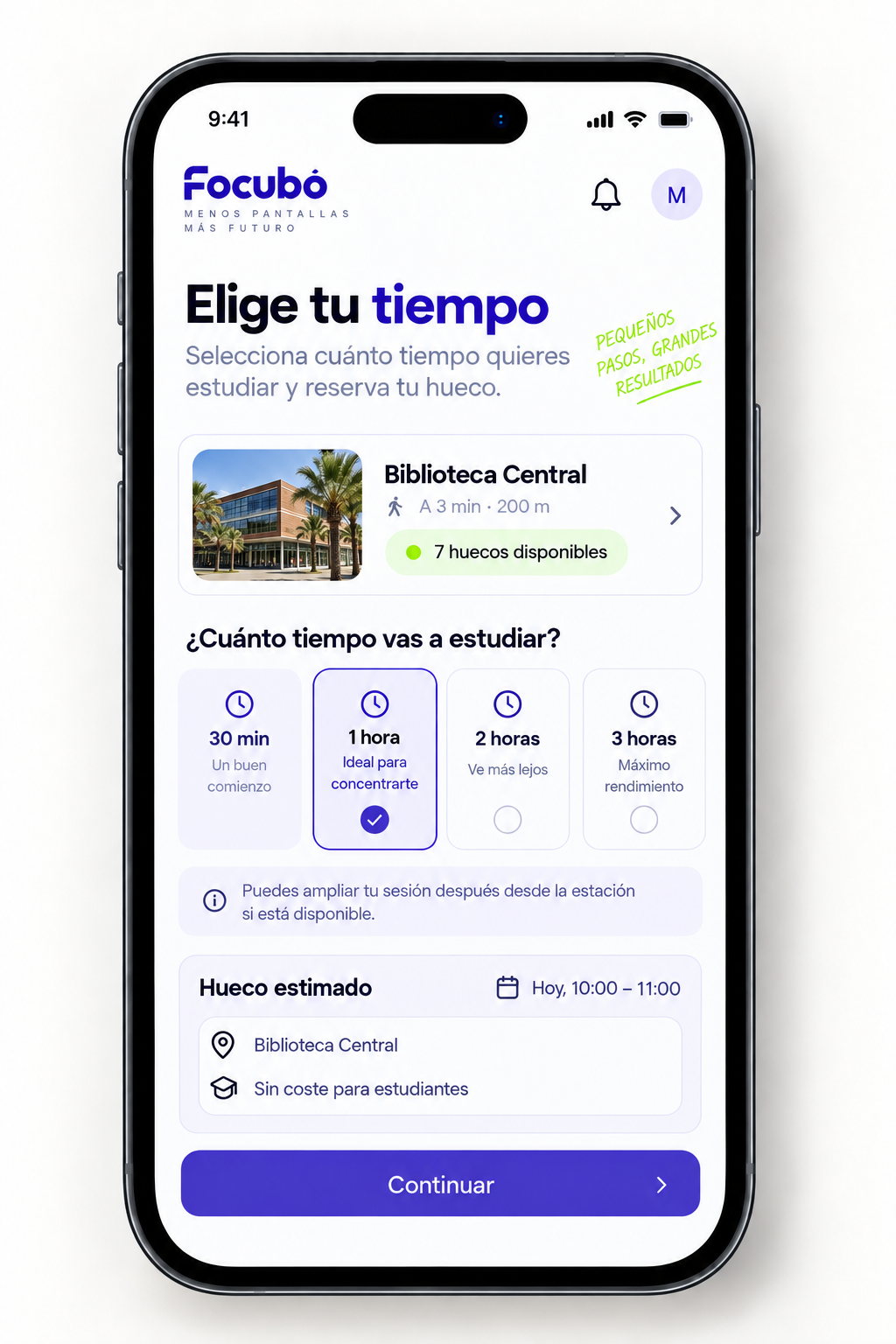 Pantalla de Focubo para elegir el tiempo de estudio y continuar